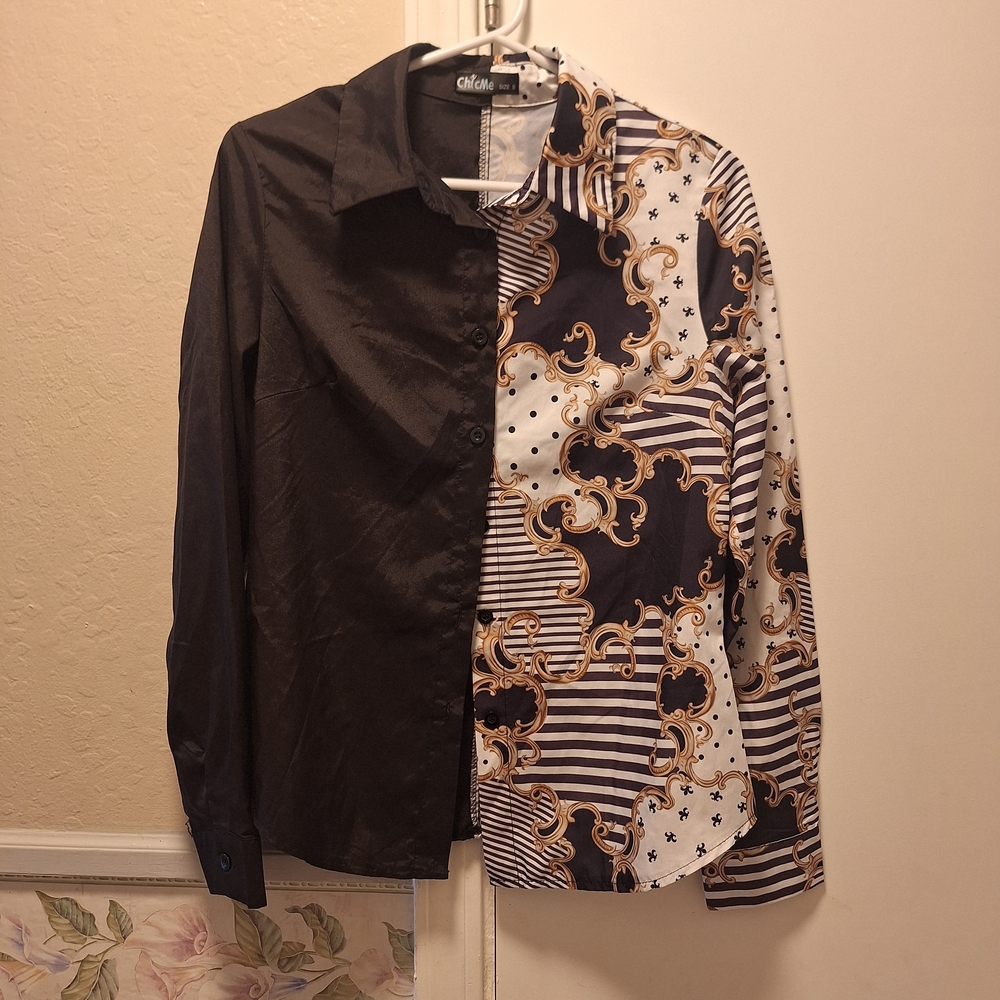Black and Brown Asymmetrical Blouse with Floral Pattern